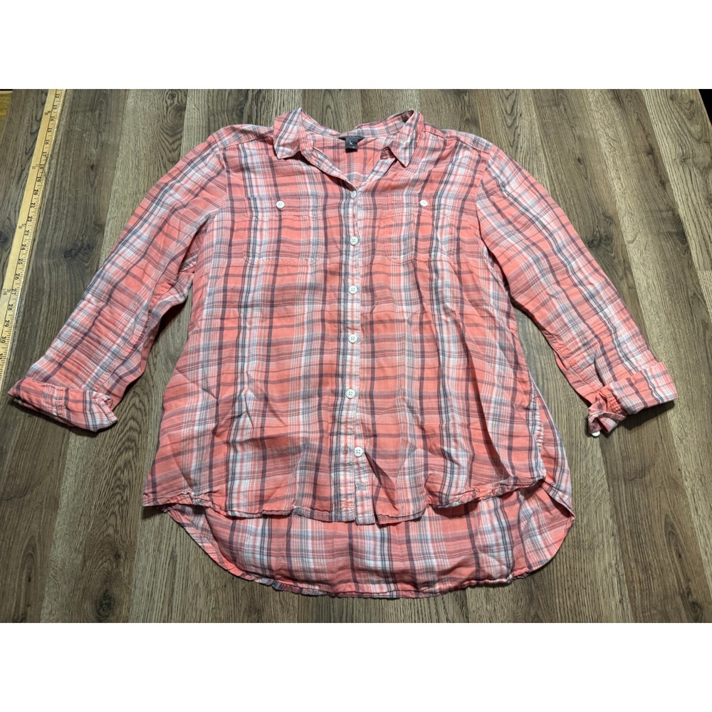 Eddie Bauer Shirt Womens Size XL Coral Plaid Button Up High Low Hem Long Sleeve